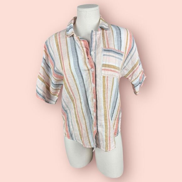 GARNET HILL Oversized Striped Slub Linen Button Down Blouse | Size 6 - Picture 2 of 7